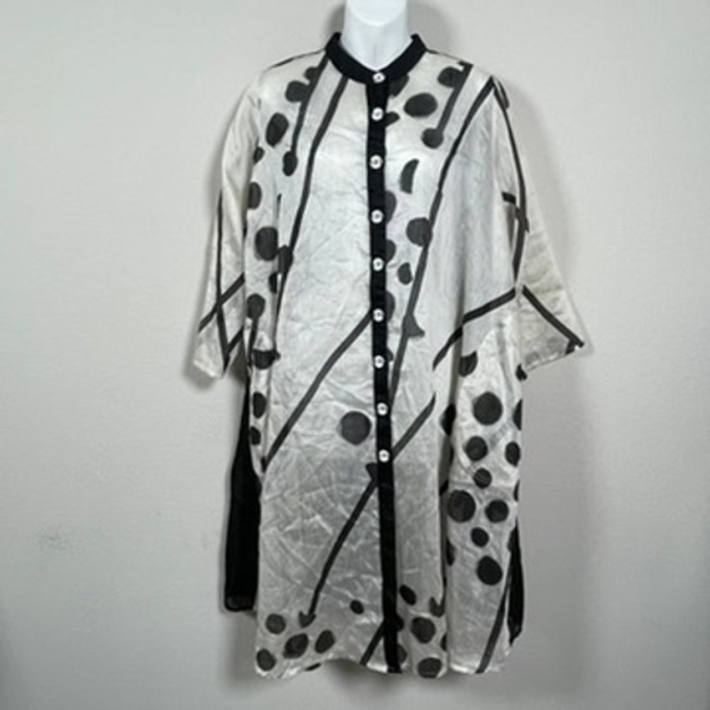 Cheyenne Tunic Dress Womens S/M White Black Abstract Polka Dot Sheer Lagenlook